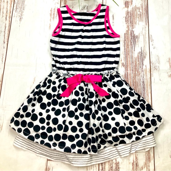 Dress Sleeveless Polka Dot Black White & Hot Pink Striped Sz 5 - Picture 1 of 11
